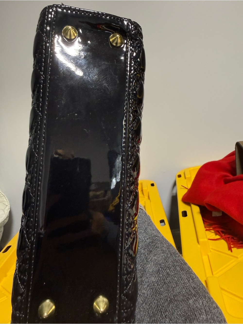 Black Patent Quilted Top-Handle Bag with Gold Hardware - Picture 7 of 9